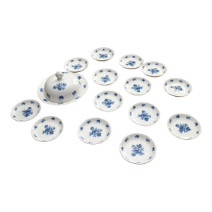 1930s Set of Bavarian Cobalt Rose Round Covered Cheese Dish + 14 Appetizer Dishes Wedding Shower Gift