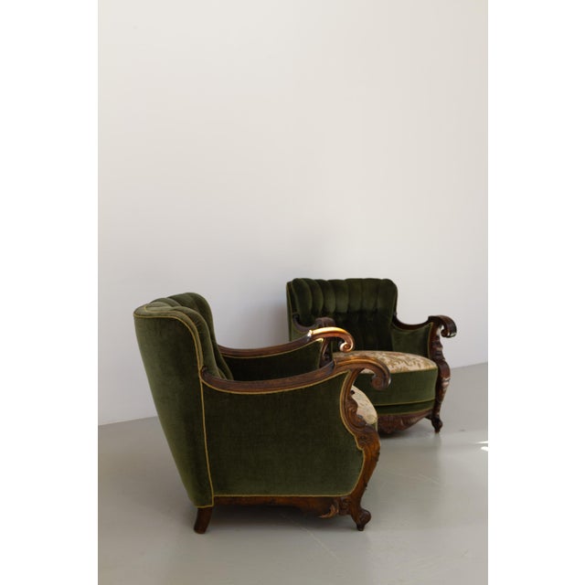 Danish Carved Lounge Chairs in Green Velvet, 1920s, Set of 2 For Sale - Image 4 of 18