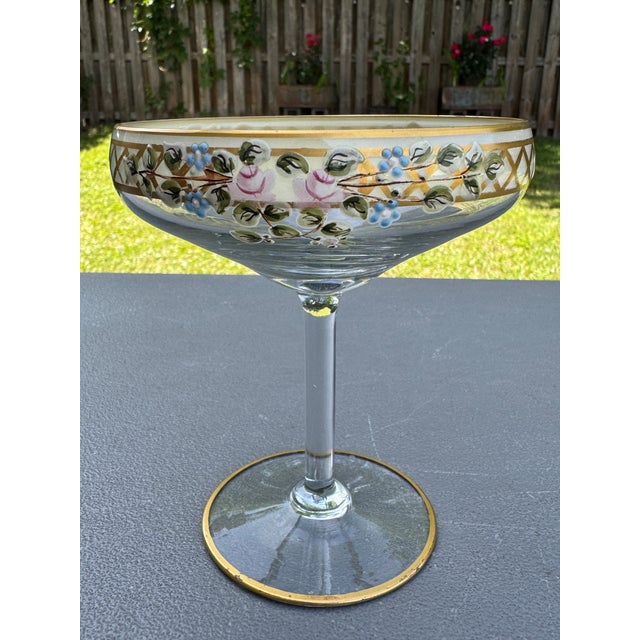 Moser Hand-Enameled Bohemian Uranium Art Glass Set: Coupe Stem & Rose Bowl Vase For Sale - Image 13 of 18