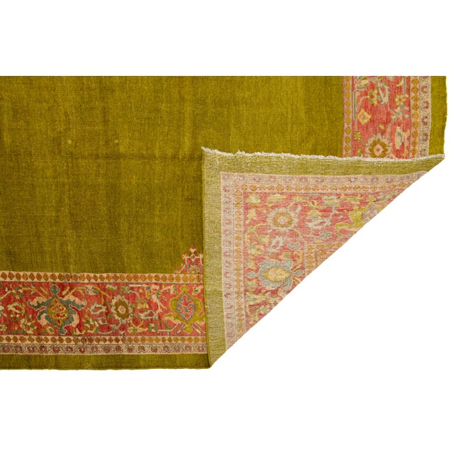 Persian Antique Persian Mahal Wool Rug in Green Featuring a Center Motif For Sale - Image 3 of 9