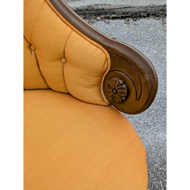 French Rococo Style Asymmetrical Chairs. Vivid orange upholstery. Carved wood frames. Circa 1940's