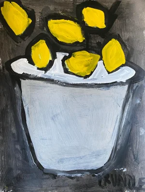 Sarah Trundle, Abstract Still Life Acrylic Painting on Paper, "Lemons on Black"