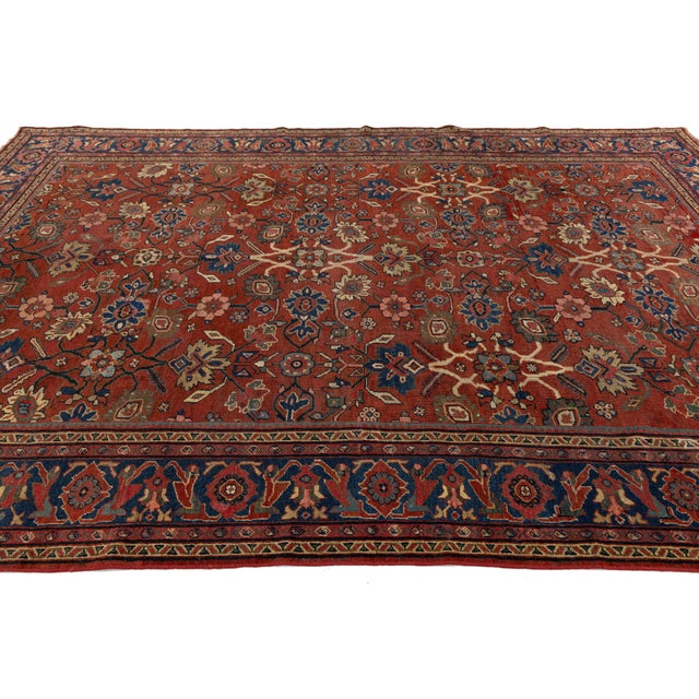 1940s 9 X 12 Vintage Mahal Wool Rug - Terracotta and Indigo Floral Medallion Motif For Sale - Image 5 of 10