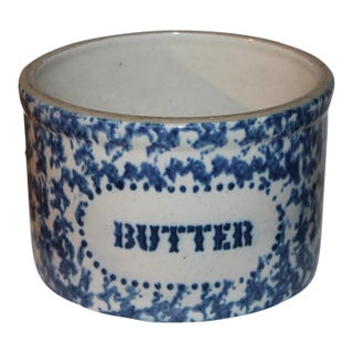 19th C Spongeware Butter Crock For Sale