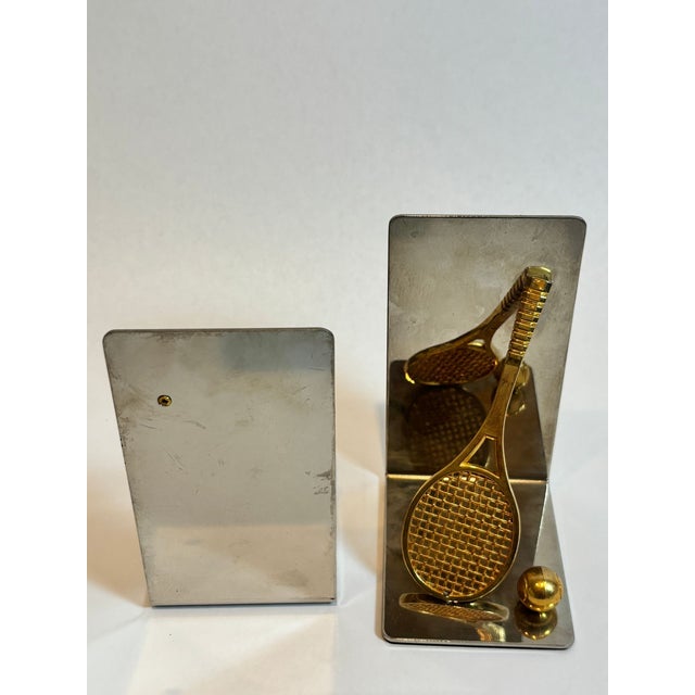 Chrome Pair of Vintage Brass and Chrome Tennis Racket and Ball Bookends C. 1980s Usa For Sale - Image 8 of 10