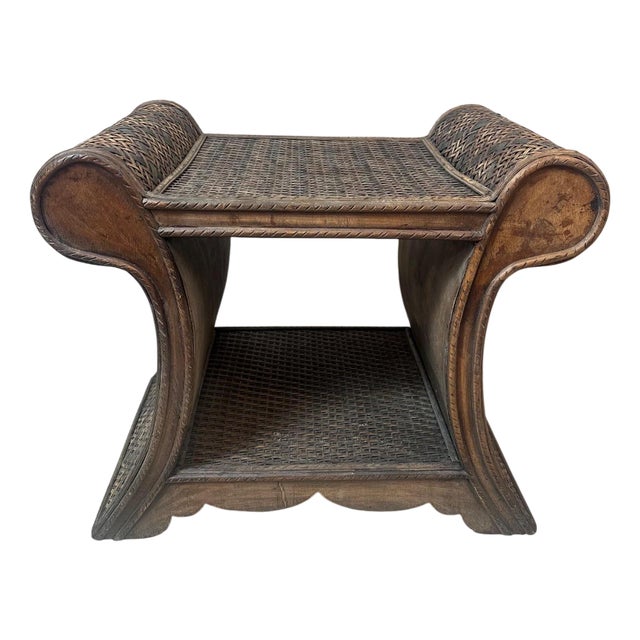 Rattan and Wood Stool, 1930s For Sale