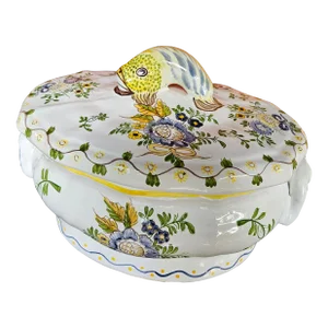 Charming Hand Painted French Faience Tureen With Floral Decoration and Whimsical Fish Lid Handle