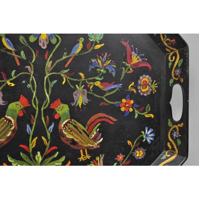Vintage Lida Bell Clark French Country Pa Dutch Hand Painted Toleware Metal Tray For Sale - Image 9 of 16