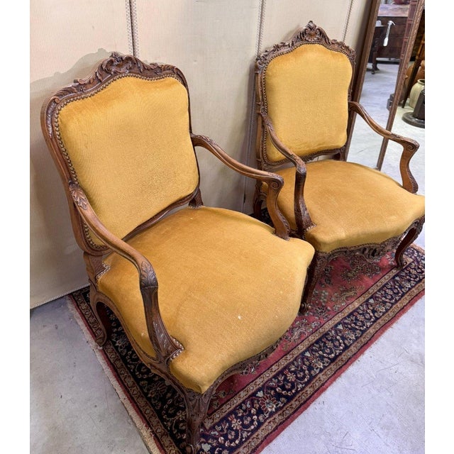 Wood Louis XV Armchairs in Fully Carved Walnut, Set of 2 For Sale - Image 7 of 8