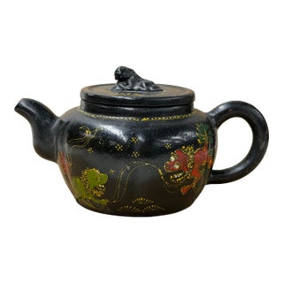 Oriental Zisha Clay Black Glaze Foo Dogs Lions Graphic Display Art Teapot For Sale