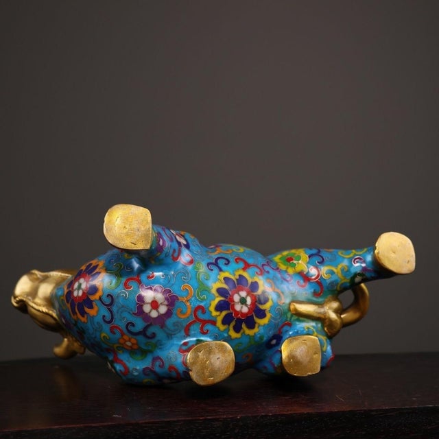 Vintage Cloisonne Enamel Ox Figure – 8.7" Gilt Mythical Bull Sculpture For Sale - Image 9 of 9