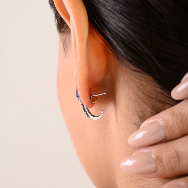 Not Yet Made - Made To Order Modern Minimalist Silver Earrings With Pear Cut Sapphire & Diamonds- A Pair For Sale - Image 5 of 5