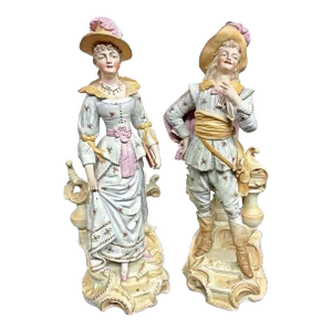 19th Century French Dandy Man And Woman Figurines- a Pair