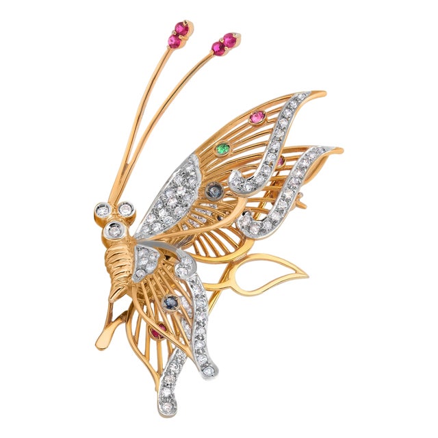 1990s 14k Yellow Gold Entremblant Butterfly Brooch With Diamonds & Gemstone Accents For Sale