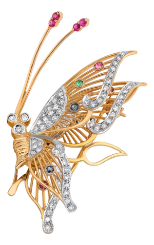 1990s 14k Yellow Gold Entremblant Butterfly Brooch With Diamonds & Gemstone Accents