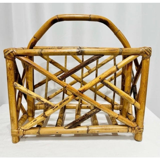 Vintage Mid Century Scorched (or Torched) Burnt Bamboo & Bent Rattan Magazine Holder. Original finish and frame. Solid and...