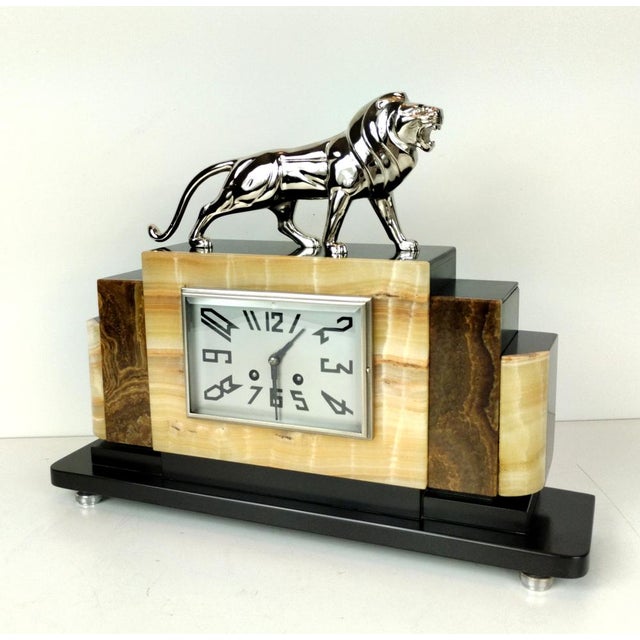 French Art Deco Mantel Clock with Chrome-Plated Bronze Lion, 1930s For Sale - Image 9 of 18