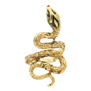 1970s Snake Ring Yellow Gold Ring with Emerald Eyes size 7 For Sale