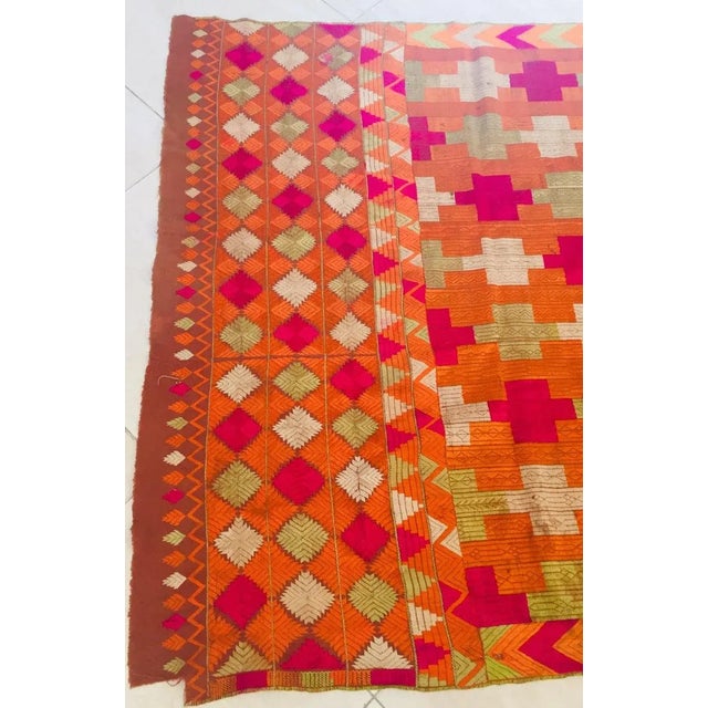 Textile Antique Phulkari Wedding Shawl, Bright Colors of Silk Embroidery on Cotton For Sale - Image 7 of 13
