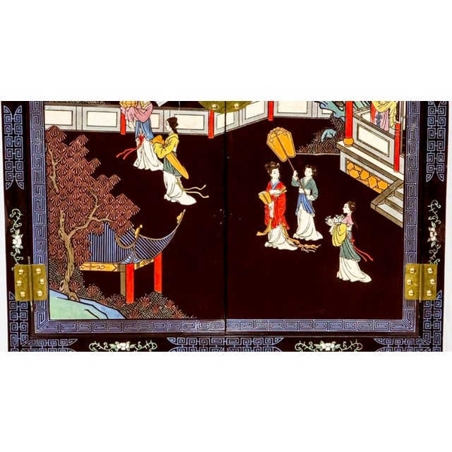 Chinoiserie Vintage Chinoiserie Lacquer Bar Cabinet / Accent Armoire W/ Hand-Painted Chinese Court Scene & Brass Hardware For Sale - Image 3 of 4