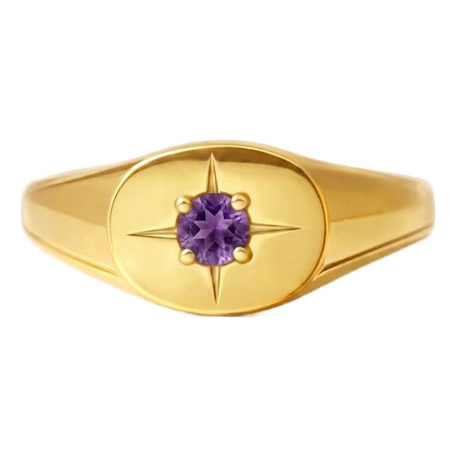 Natural Amethyst Starburst Signet Ring - Unisex Everyday Stacking Ring Us 7 For Sale
