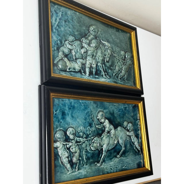 Arts & Crafts Pair Arts & Crafts Ceramic Relief Plaques Children With Goat & Children With Satyr & Dog c.1909 Attributed to Reginald Robert Tomlinson For Sale - Image 3 of 18