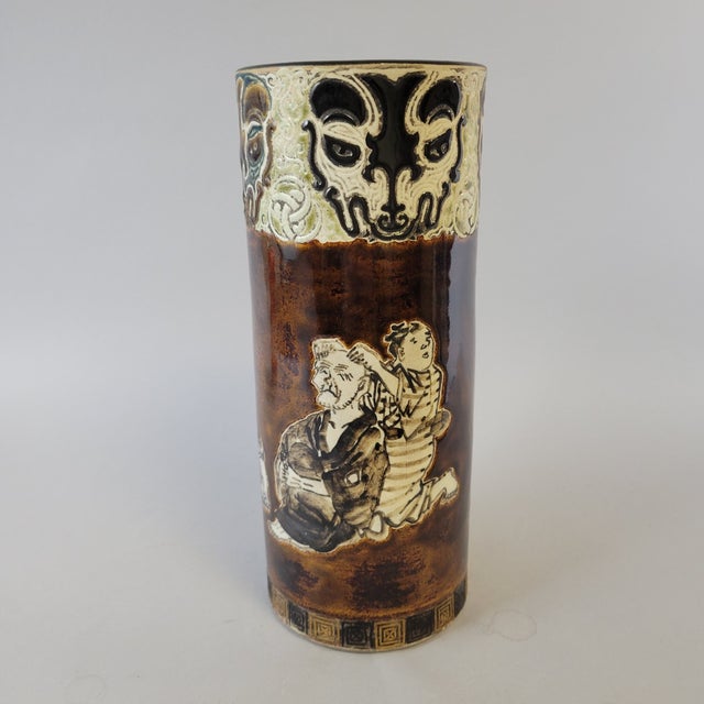 Meiji Japanese Brown-Glazed Brush Pot With Humorous Figural Scenes For Sale - Image 4 of 11