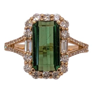 2.93cts Chrome Tourmaline Diamond Ring in 14k Gold | Emerald Cut 11x6mm, Size 6.75 For Sale