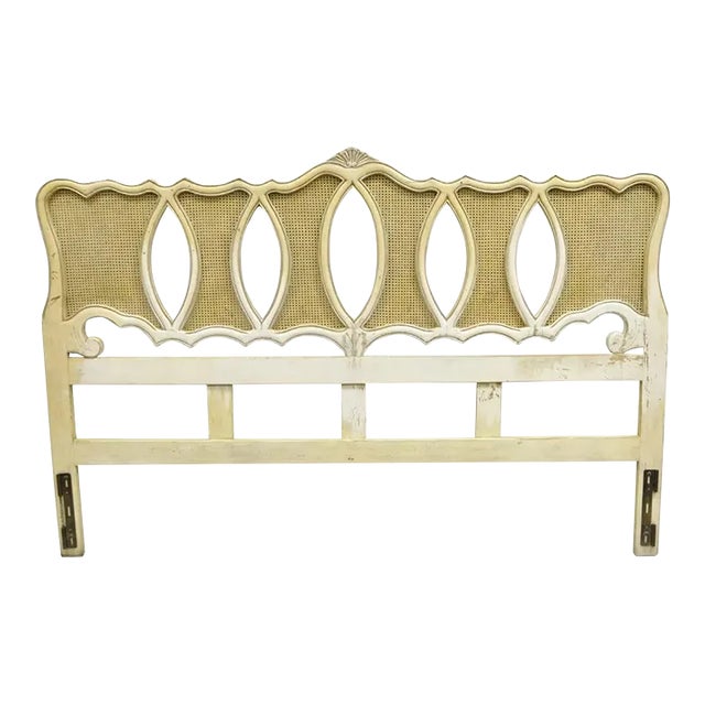 Mid 20th Century Vintage French Provincial Hollywood Regency Cream Painted Cane King Headboard For Sale