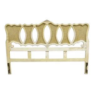 Mid 20th Century Vintage French Provincial Hollywood Regency Cream Painted Cane King Headboard