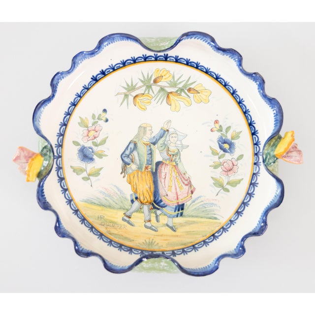 19th Century French Faience Quimper Dancing Couple Pie Crust Plate Footed Dish For Sale - Image 10 of 10