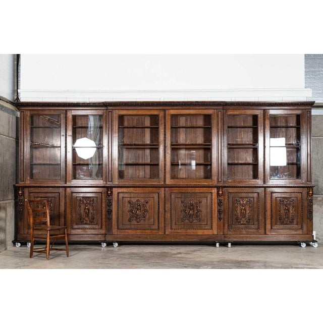 English Carved Oak Breakfront Glazed Bookcase, 1870s For Sale - Image 3 of 18