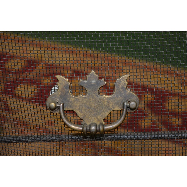 English Vintage Black Metal Mesh & Iron Curved Front Fireplace Screen W/Brass Handles For Sale - Image 3 of 17