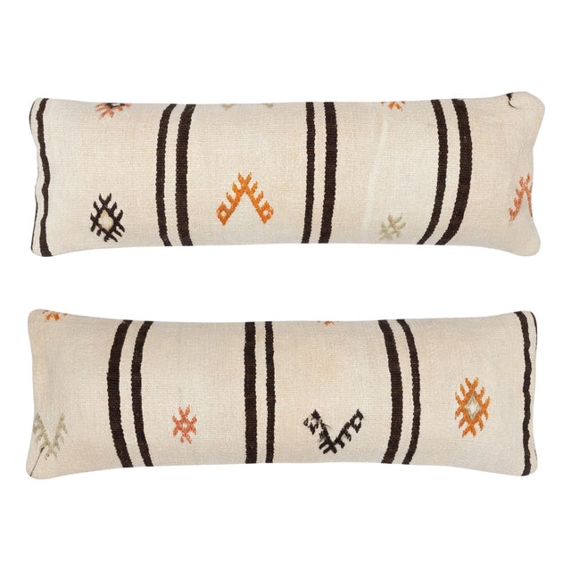 12"x35" SET OF 2 - Vintage Kilim Lumbar Pillow Covers. A pair of Cushion Covers For Sale