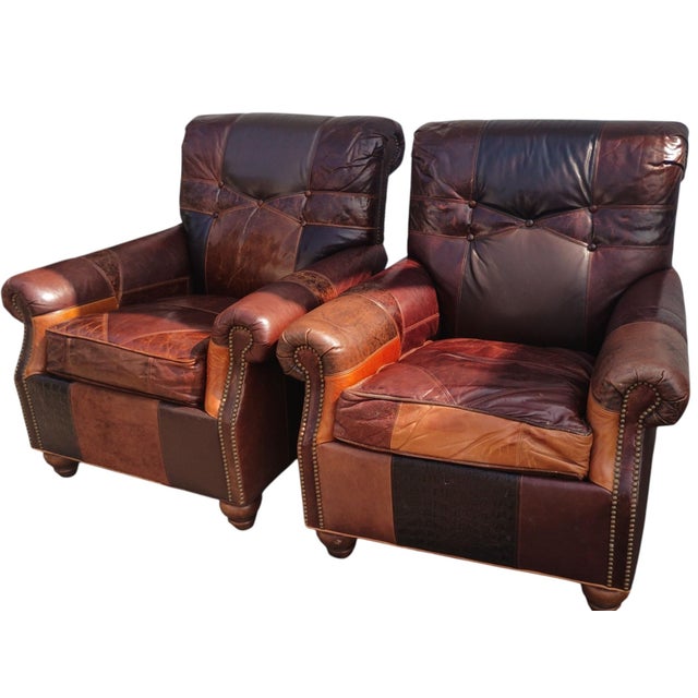 Rustic 1980s Stunning 3-Piece Seating Set: Paul Robert Patchwork Leather Club Chairs & Pottery Barn Ottoman For Sale - Image 3 of 12