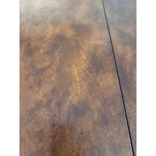 Brown Regency Style Burl Wood Double Pedestal Dining Table With Brass Greek Key Inlay & Two 25” Leaves For Sale - Image 8 of 12