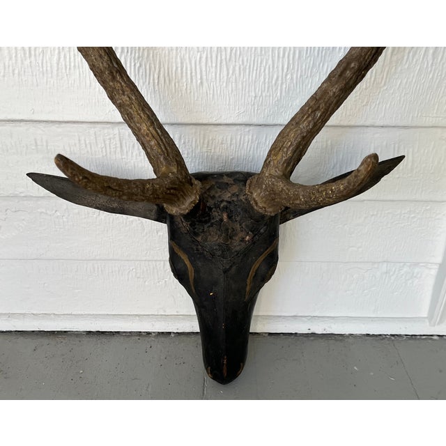 Antique 19th Century Folk Art Carved Wood Black Forest Baroque Deer Head & Antlers Wall Trophy For Sale - Image 9 of 12