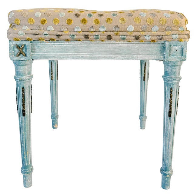 Mid 20th Century French Louis XVI Style Blue Painted Footstools With Brass Accents & Polka Dot Cut Velvet - A Pair For Sale - Image 12 of 18