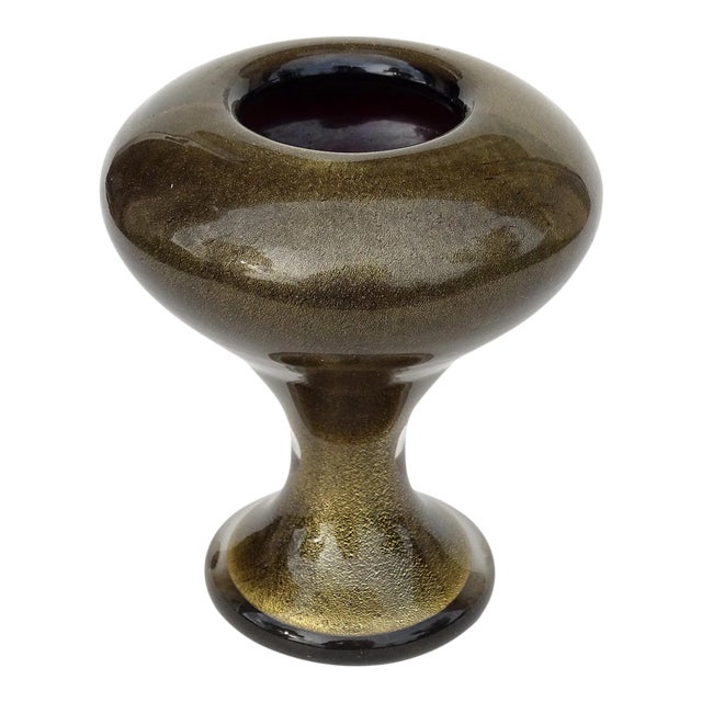 Barbini Murano Vintage Black Gold Flecks Italian Art Glass 1950s Mid Century Desk Flower Vase For Sale
