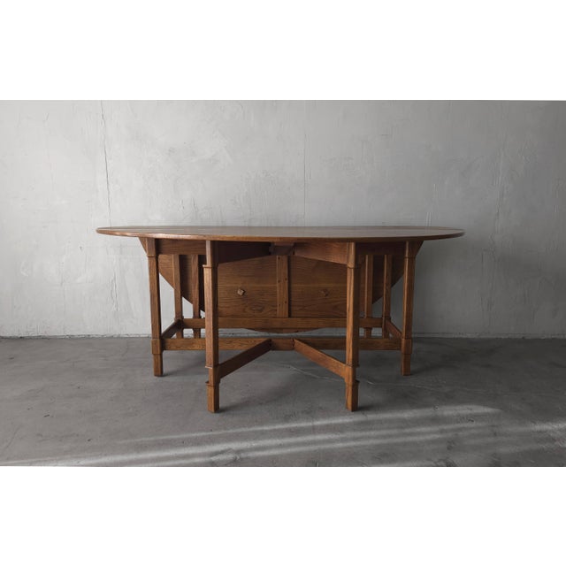 1980s 1980s 6ft Round Parquet Oak Drop Leaf Dining Table For Sale - Image 5 of 11