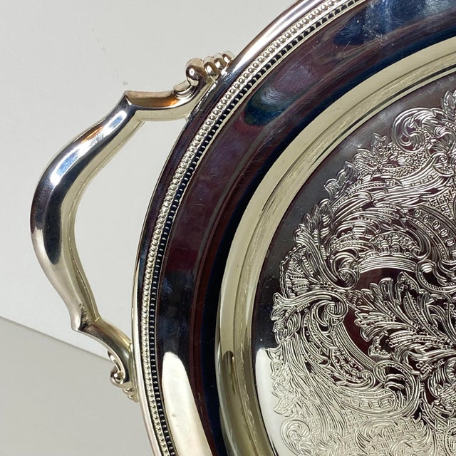 Metal Vintage Oneida Silverplate Round Serving Tray With Handles For Sale - Image 7 of 13