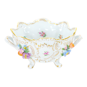 German Dresden Porcelain Reticulated Footed Bowl With Floral Motifs/Gilt Accents