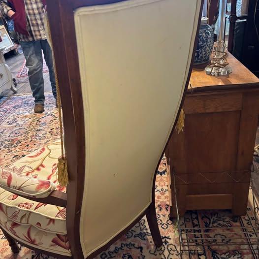 1970s Pair of Mid Century Regency Style Wood Frame Armchairs With Waverly Style Upholstery Fabric and Brass Finial and Tassel Accents For Sale - Image 5 of 14