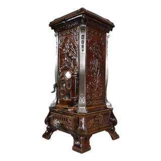 Antique French Art Nouveau Brown Majolica and Enameled Cast Iron Fireplace Tower Stove with Floral Reliefs, 1920s For Sale