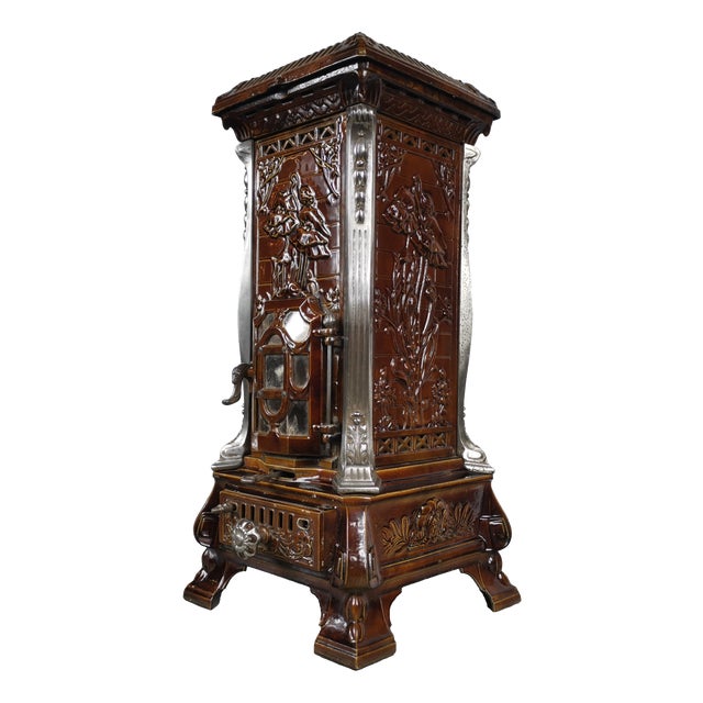 Antique French Art Nouveau Brown Majolica and Enameled Cast Iron Fireplace Tower Stove with Floral Reliefs, 1920s For Sale