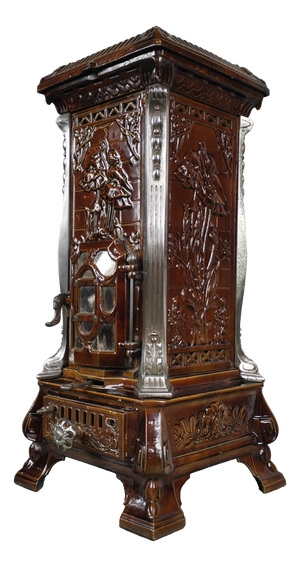 Antique French Art Nouveau Brown Majolica and Enameled Cast Iron Fireplace Tower Stove with Floral Reliefs, 1920s