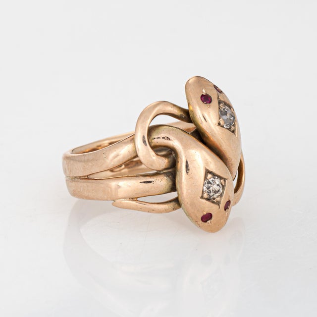 Victorian Antique Victorian Double Snake Ring Diamond Ruby Band Sz 5 Serpent 10k Gold For Sale - Image 3 of 6
