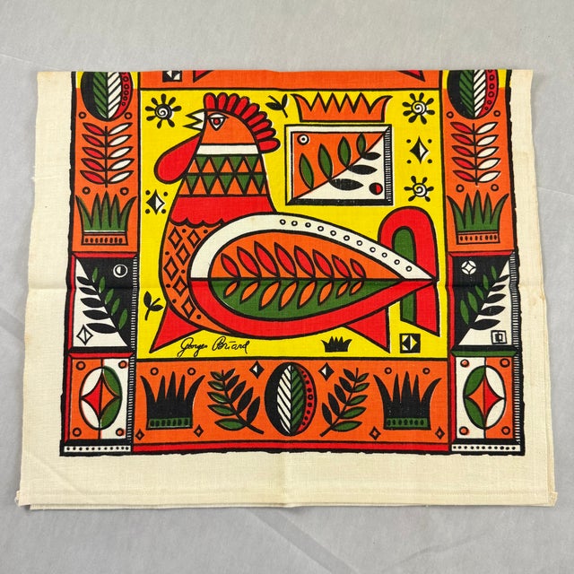 1960s Mid-Century Era Georges Briard Rooster Print Silkscreened Linen Tea Towel For Sale - Image 5 of 13