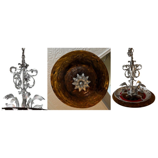 Chrome Tone Scroll Metal 3 Light Chandelier With Tortoise Shell Murano Style Asymmetrical Glass Shade For Sale - Image 17 of 18