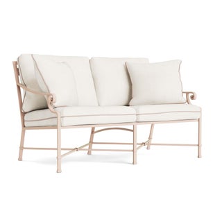 Brown Jordan Venetian Loveseat in Blush with Sea Salt and Dusty Pink Welt Cushions For Sale